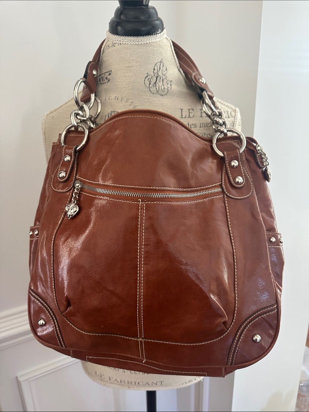 Kathy Van Zeleand Brown Tote Handbag with Heart Charm